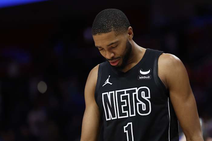 Brooklyn Nets forward Mikal Bridges (1) walks off the court aft against the Detroit Pistons